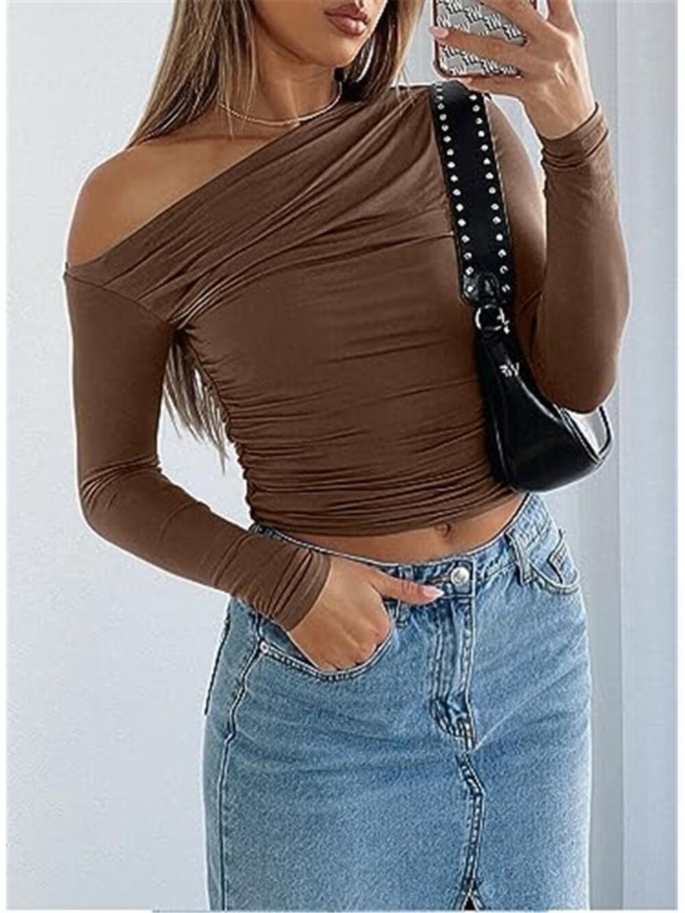 Women's Off Shoulder Long Sleeve Top Slim Fit Y2K Going Out Blouse - Picture 3 of 5